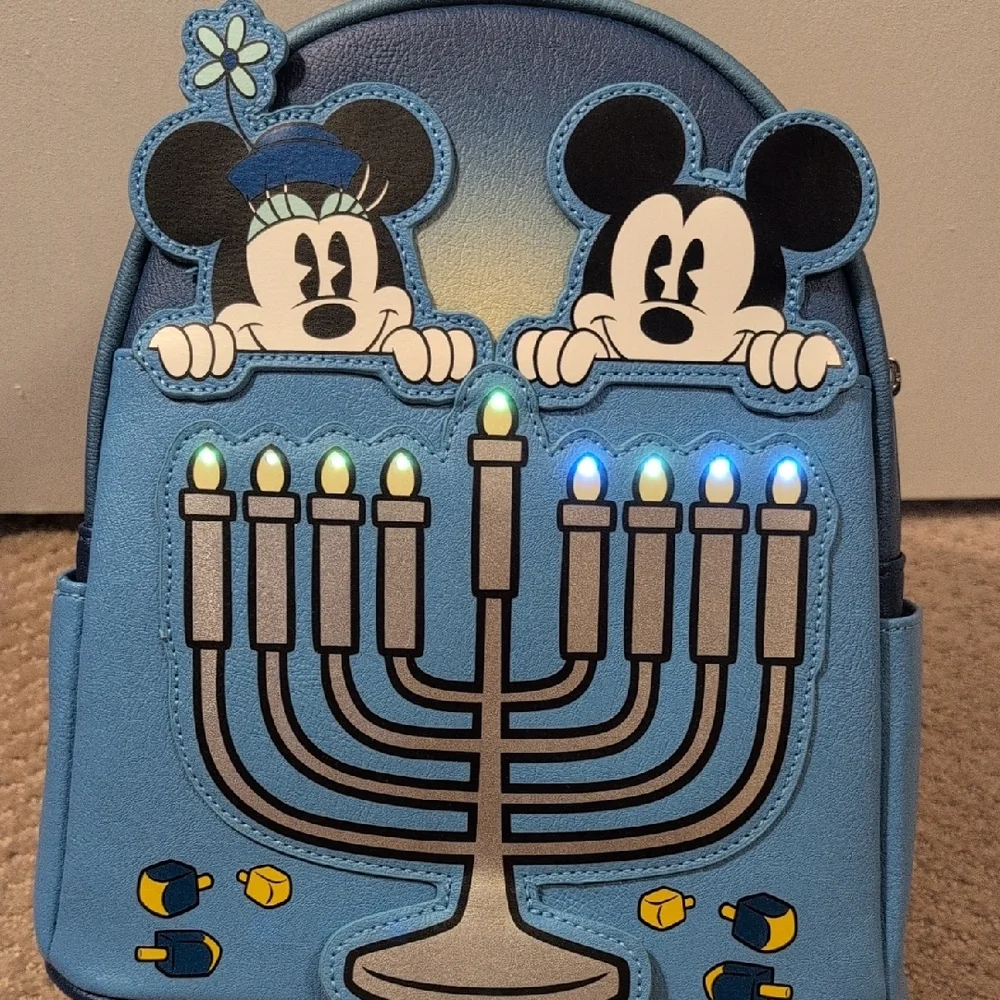 Loungefly Disney Parks Mickey And Minnie Light Up Hanukkah Mini Backpack & Ears